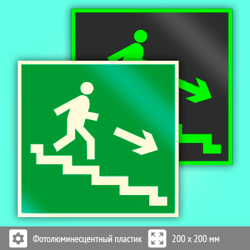 Знак E13 «Направление к эвакуационному выходу по лестнице вниз (правосторонний)» (фотолюминесцентный пластик, 200х200 мм)